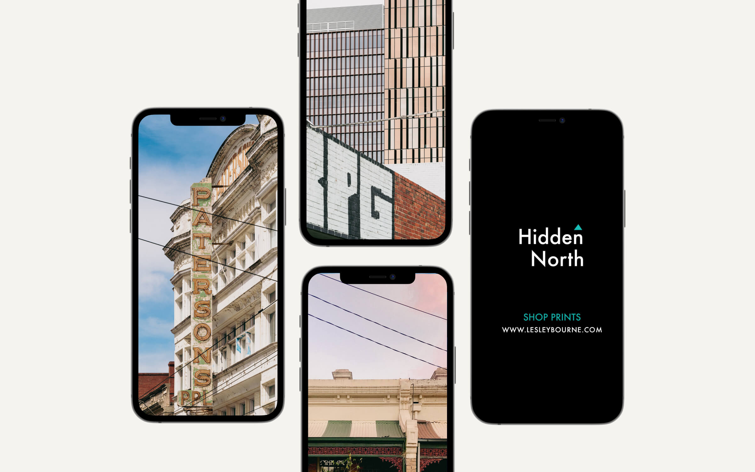 Hidden North social media content and brand identity project — smartphone mockups showcasing Melbourne architecture, signage, and urban photography by Lesley Bourne.