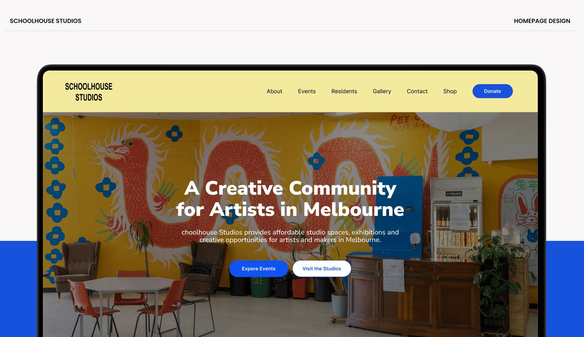 Website redesign for Schoolhouse Studios, a creative artist studio community in Melbourne.